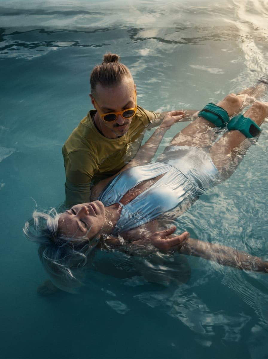 A practitioner gently supporting a person floating in warm water